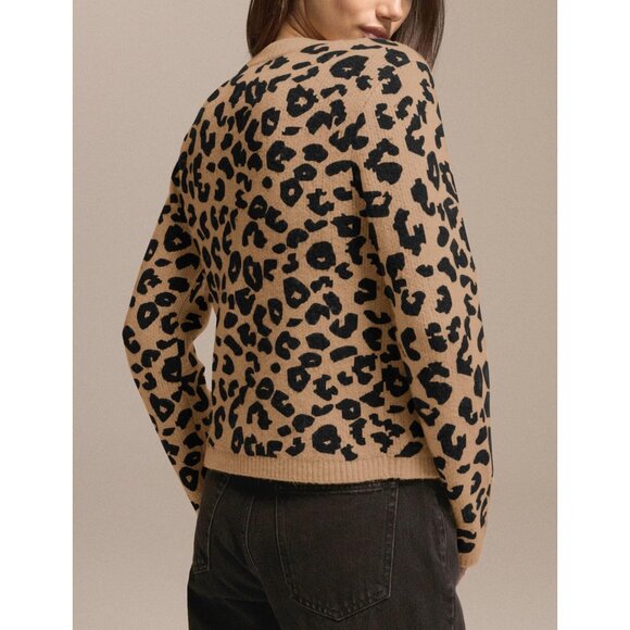 Women Cotton Blend Leopard Print Cardigan Open Front Long Sleeve Sweater - Picture 3 of 5